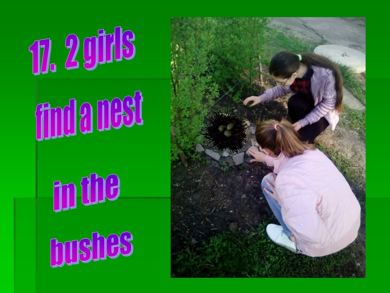 17.  2 girls find a nest in the bushes